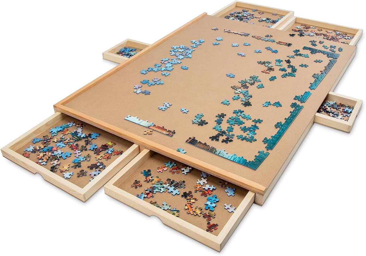 SkyMall 1500 Piece Puzzle Board W/ 6 Drawers, 27” x 35” Wooden Jigsaw Puzzle Table